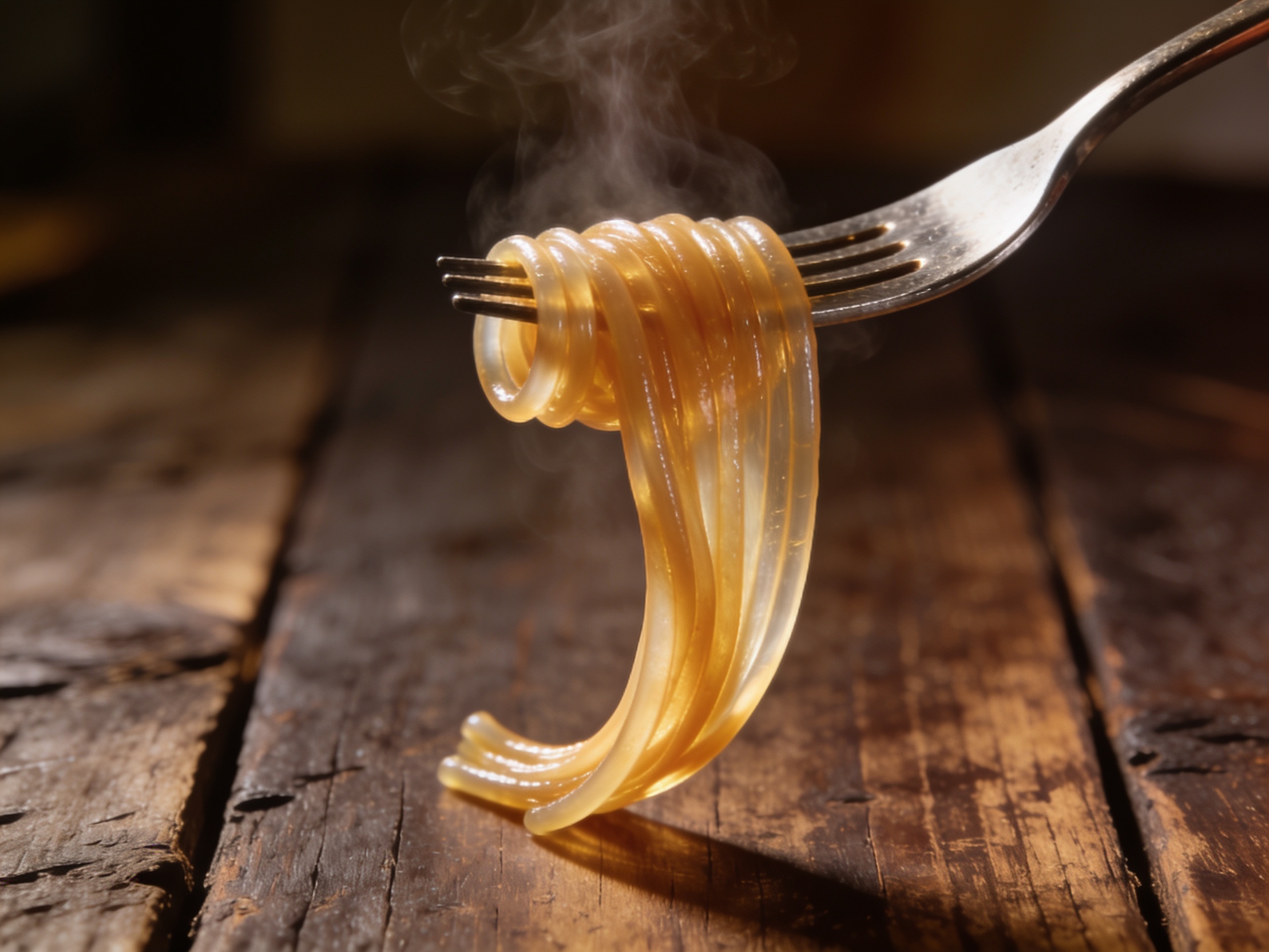 Fork lifting al dente spaghetti with a firm bite, dark wooden table